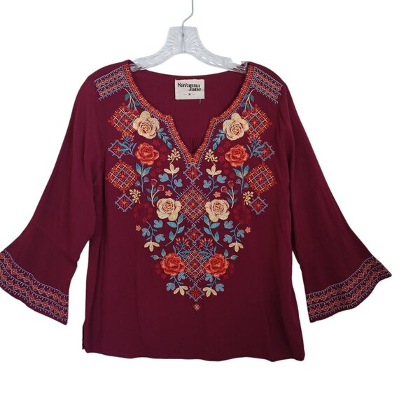 Savanna Jane Top Embroidered V Neck Boho Popover Long Sleeves Womens Medium - Picture 11 of 11